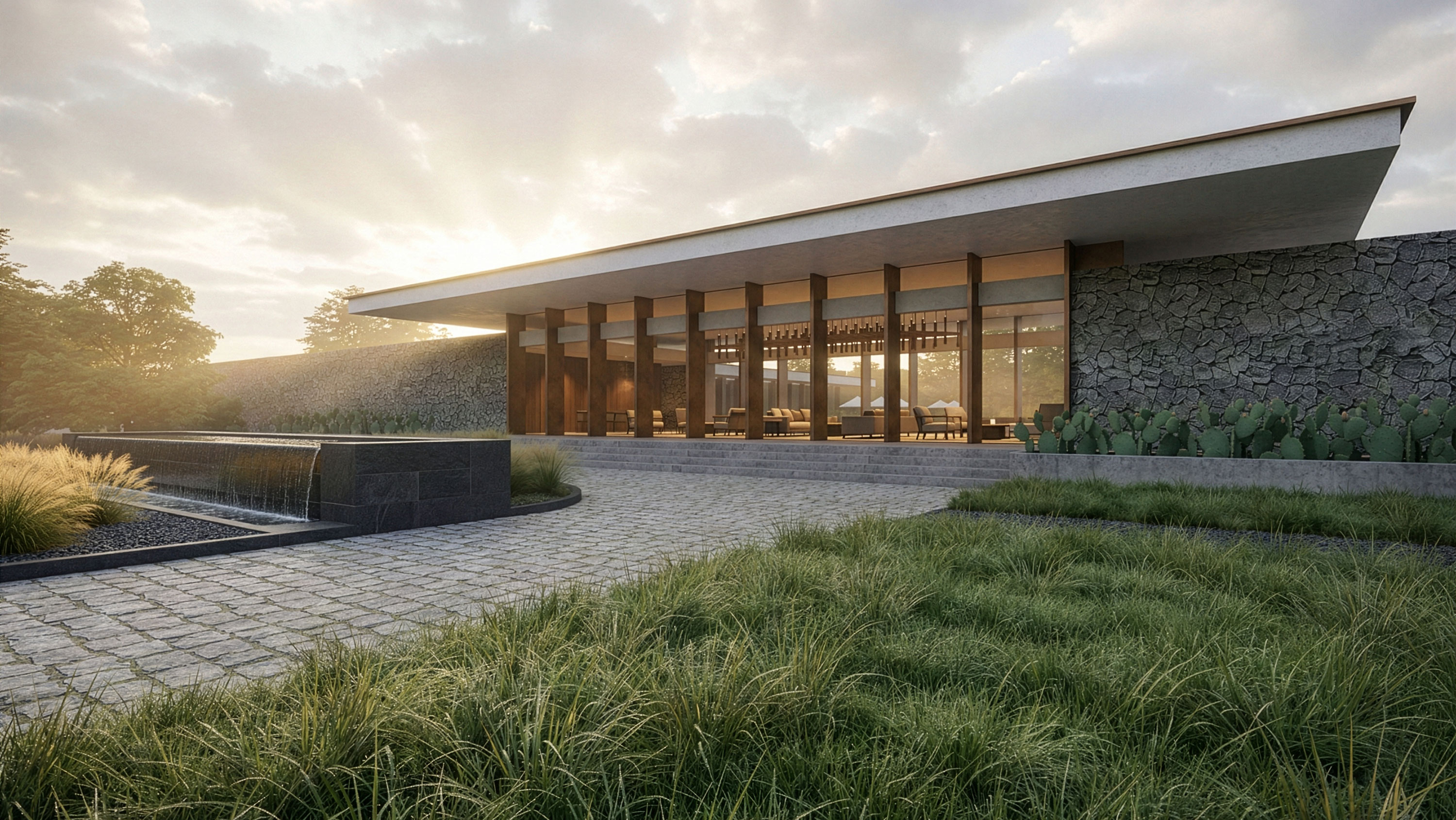 Modern hotel entrance with flat roof, wood mullions, stone walls, water feature, and native landscaping at sunset.