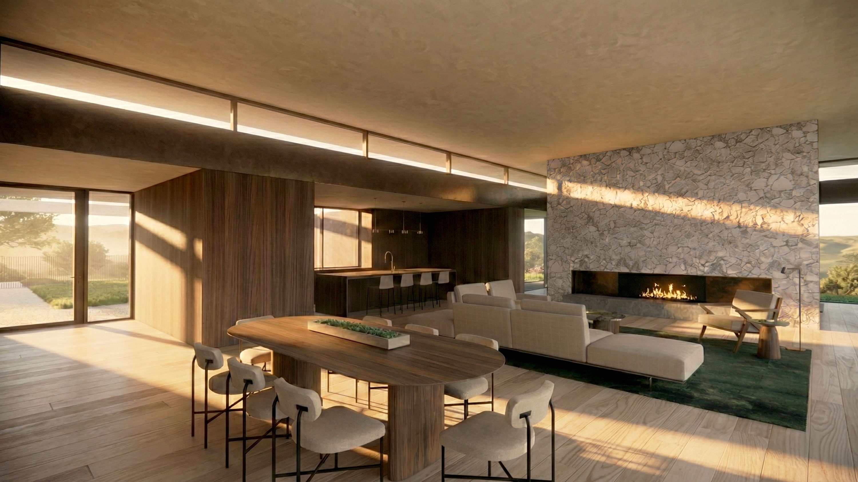 Open-plan living area with stone fireplace, wood paneling, clerestory windows, and kitchen beyond in warm afternoon light.